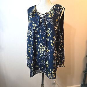 Bloomchic Blue Yellow Floral Lace-Up Neck Sleeveless Blouse Top Size 18 / 20 2X